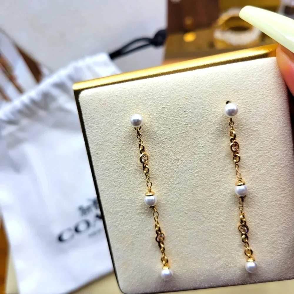 NEW! Coach • Dangle & Drop Earrings • Faux Pearl • Goldtone • Dainty - Picture 4 of 8